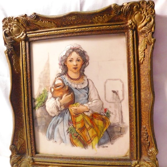 Vintage Artini Wall Art Sculpted Engraving Girl with Flowers
